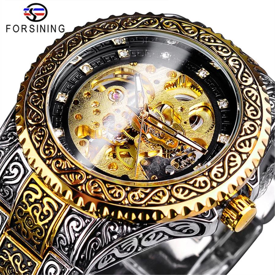 378B High-End Men's Waterproof Steel Gold Mechanical Wristwatch - Trend Fusion